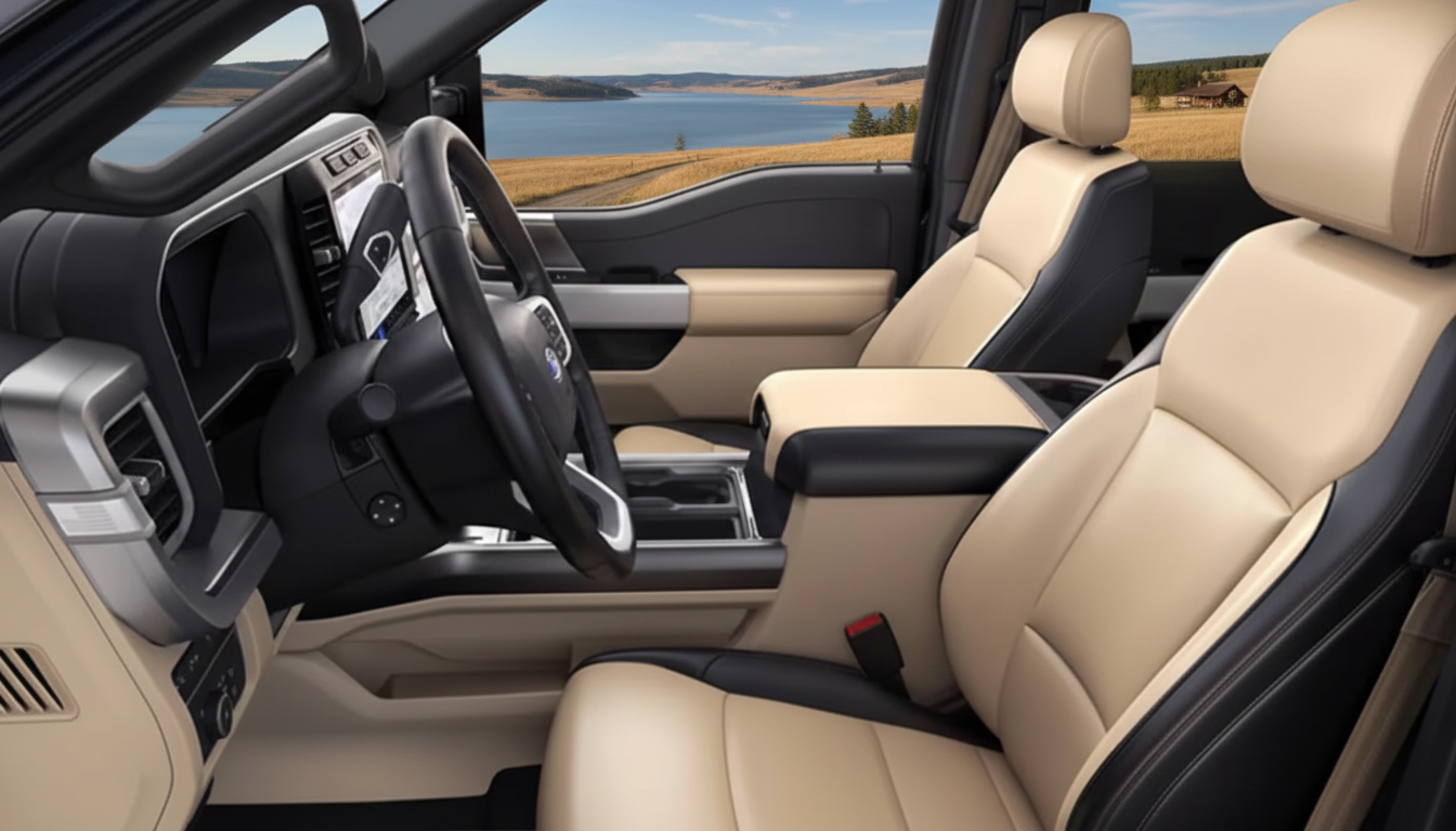 Luxury truck cabin with leather seats and large screen