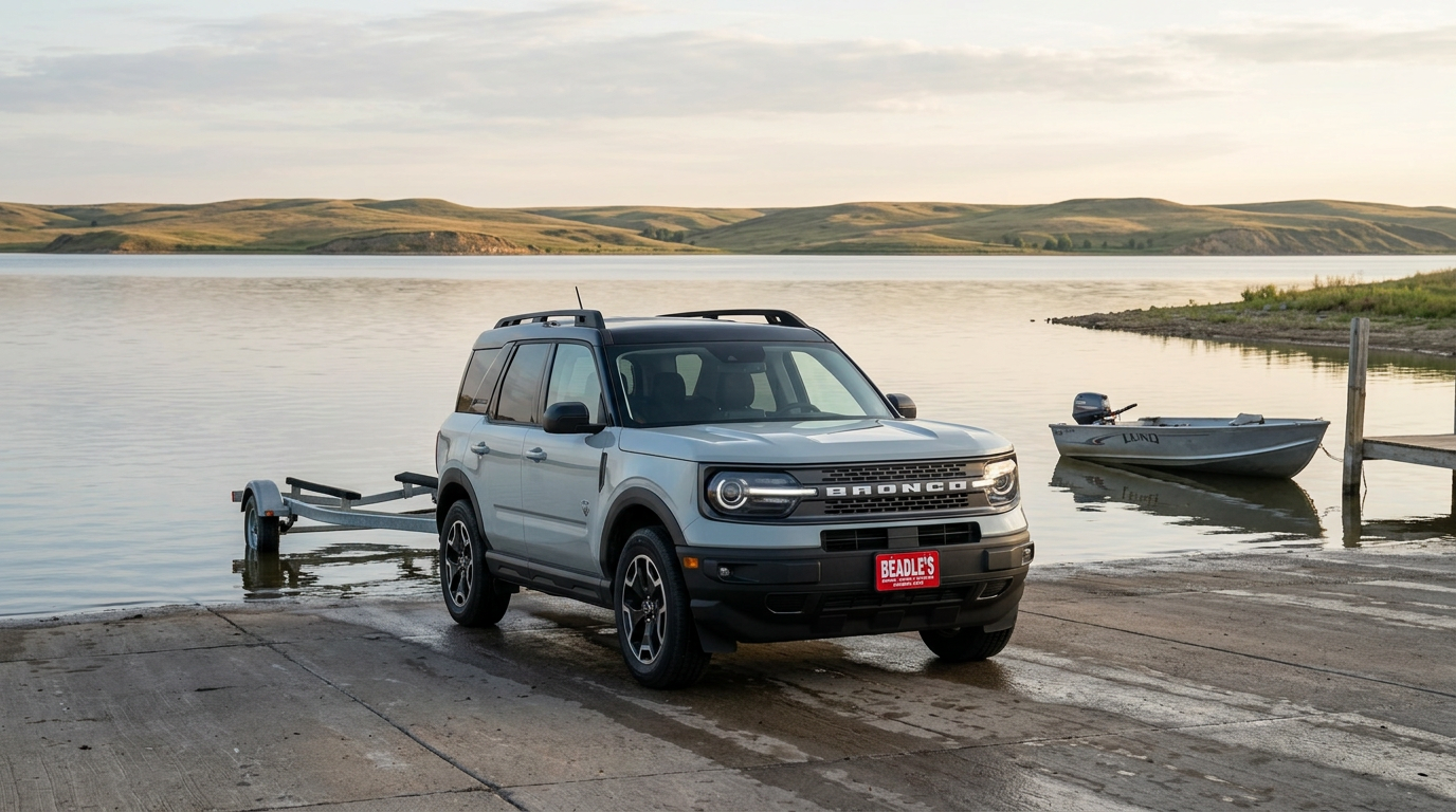 2026 Ford Bronco Sport at Lake Oahe boat ramp with trailer hitch visible