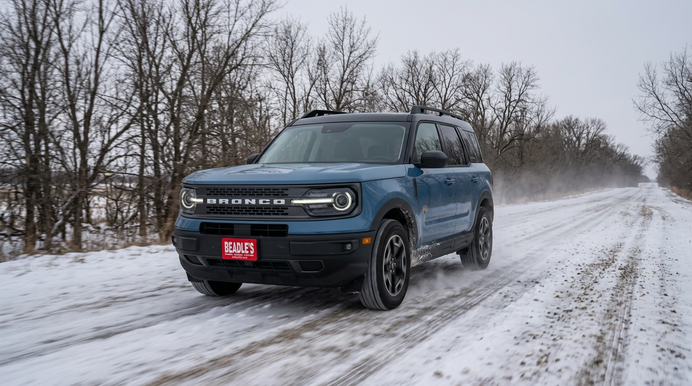 2026 Ford Bronco Sport on snow-covered gravel road in South Dakota winter