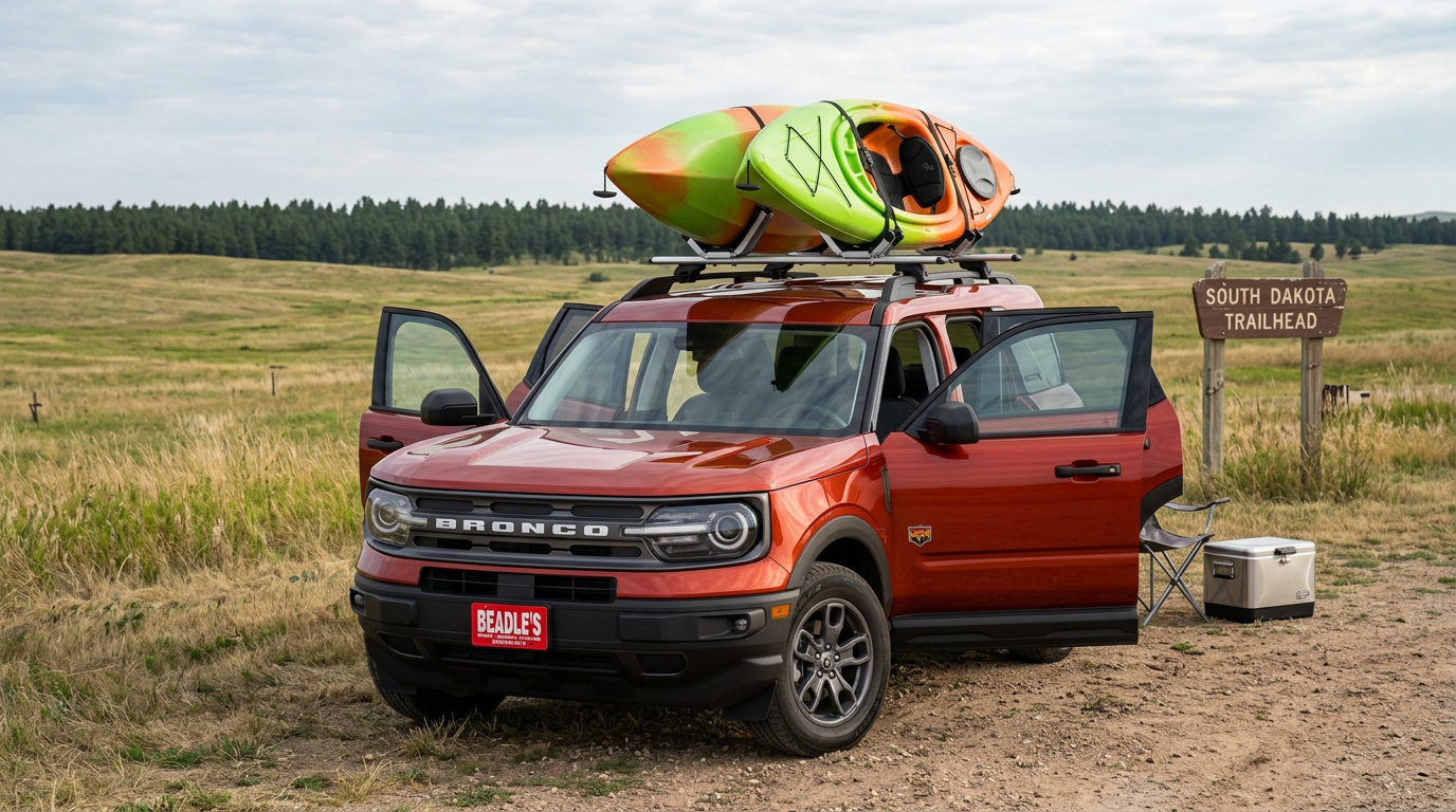 2026 Ford Bronco Sport at trailhead with loaded roof rails