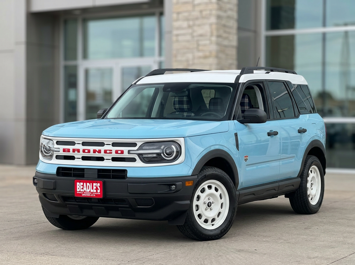 2026 Ford Bronco Sport Heritage trim — Oxford White roof, plaid seat visible