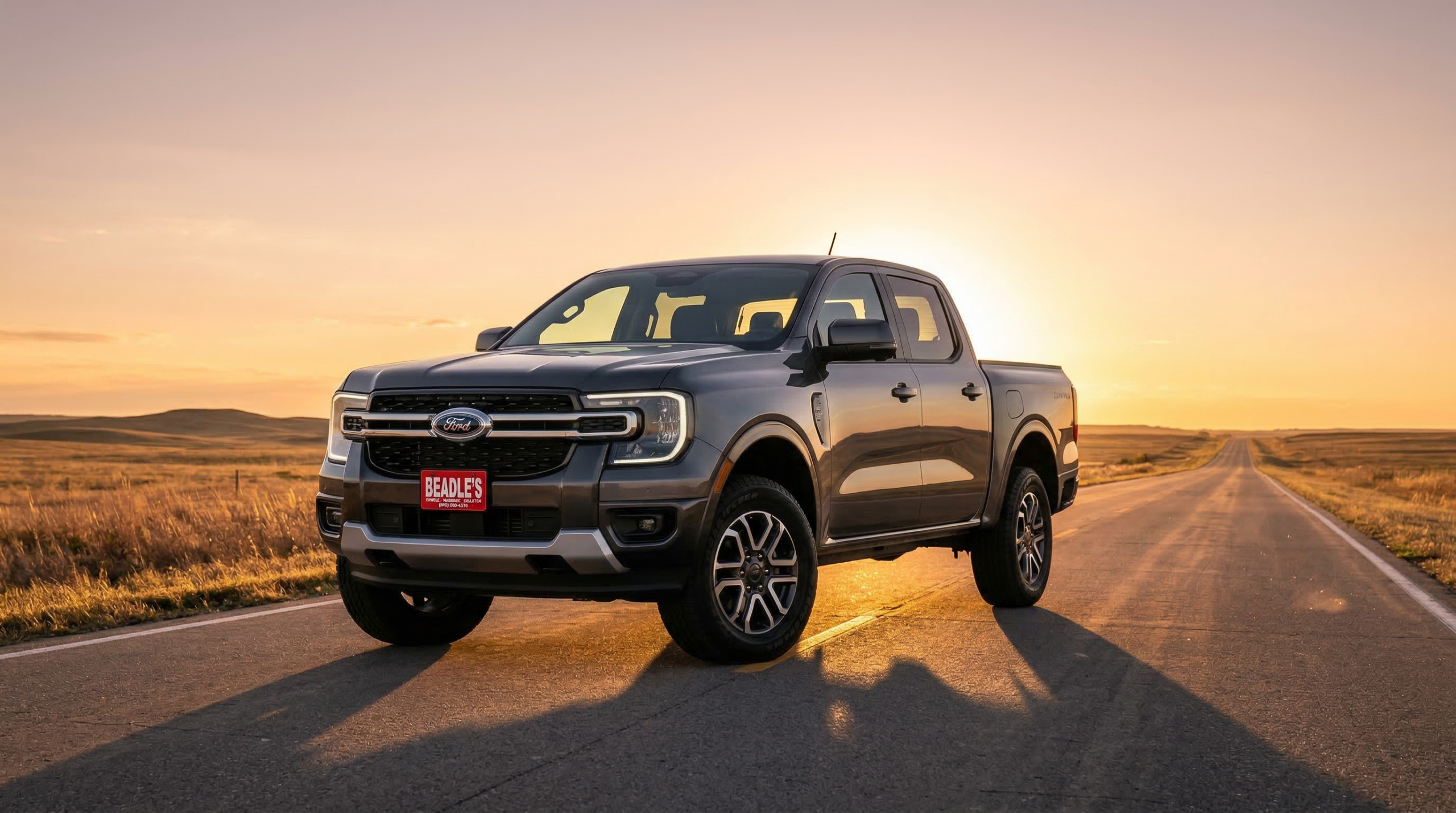 2026 Ford Ranger Lariat parked on a South Dakota prairie highway at golden hour near Mobridge