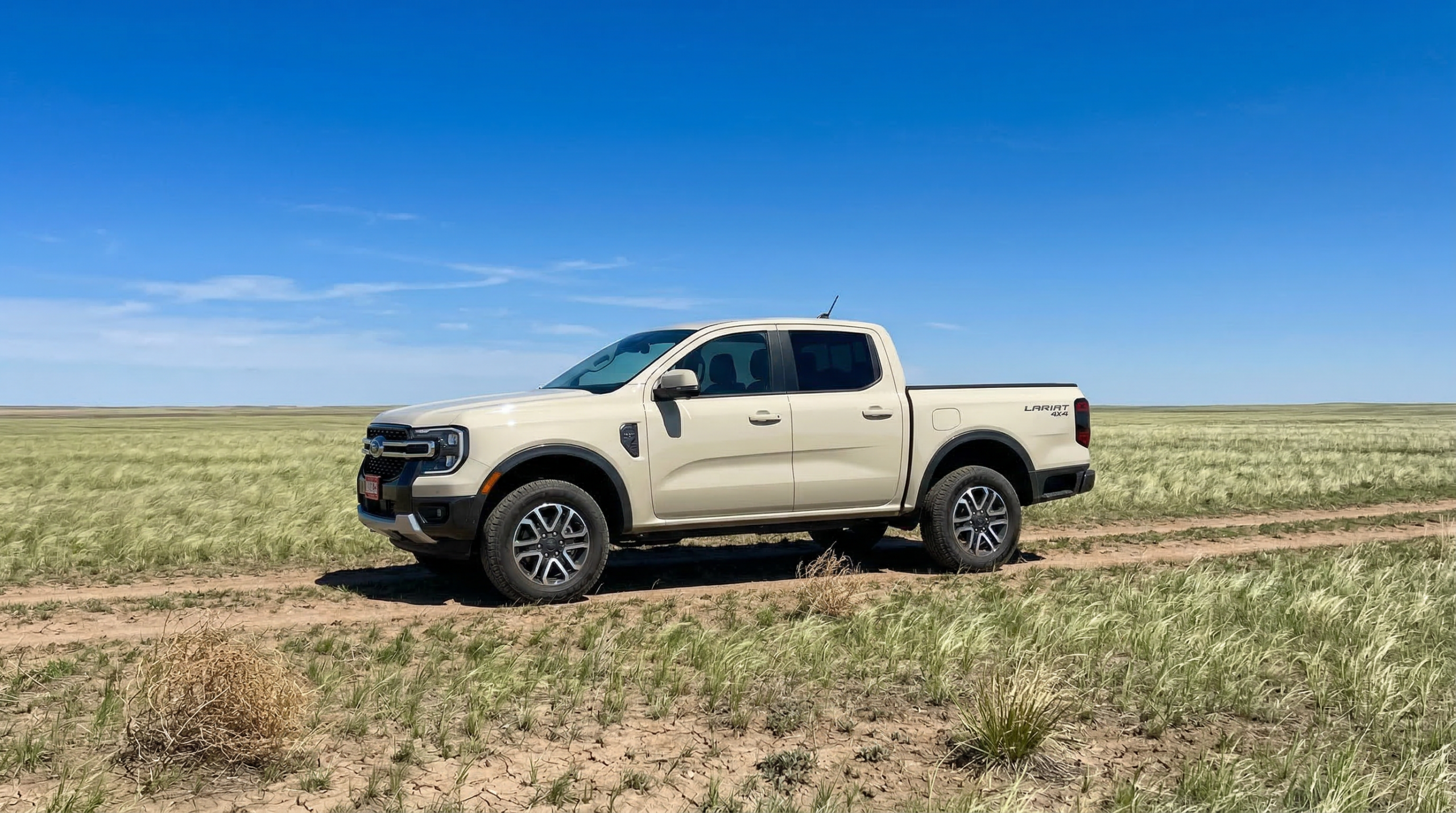 2026 Ford Ranger Lariat in Avalanche color on open South Dakota prairie landscape