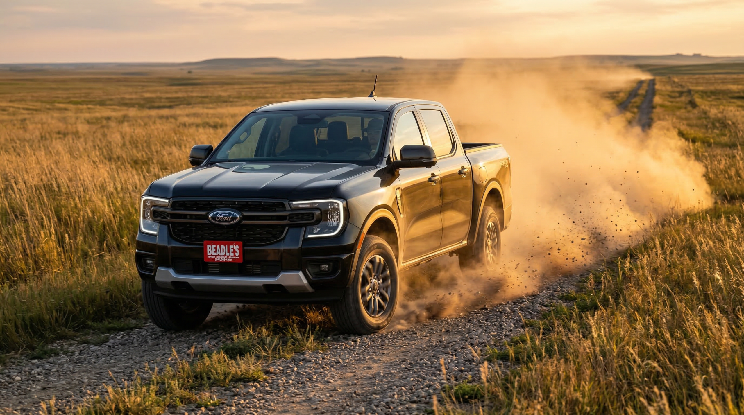 2026 Ford Ranger XLT FX4 driving a gravel road through South Dakota prairie grassland