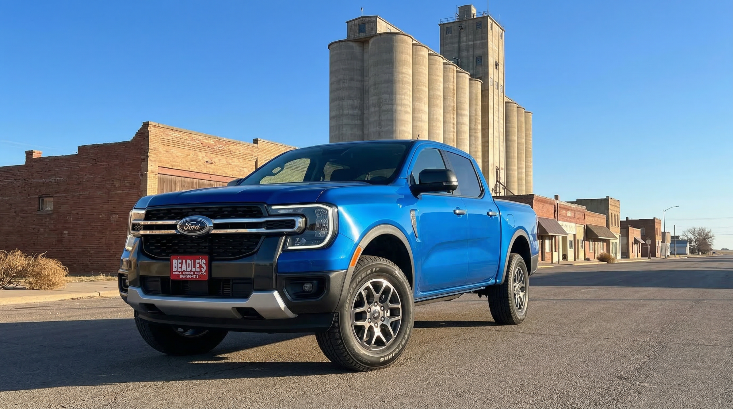 2026 Ford Ranger XLT parked on a small town South Dakota main street with grain elevator