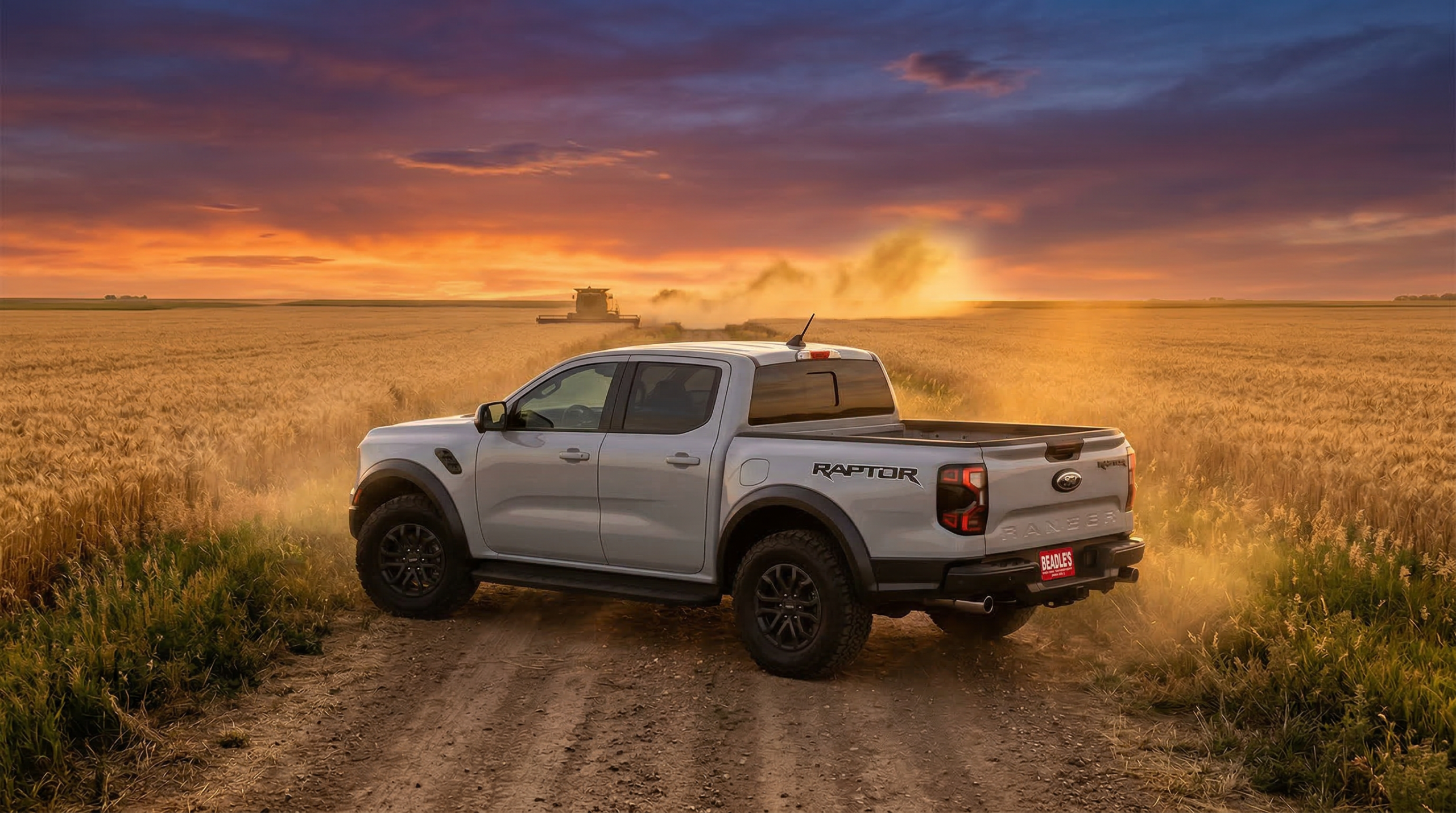 2026 Ford Ranger Lariat driving across South Dakota prairie at sunset