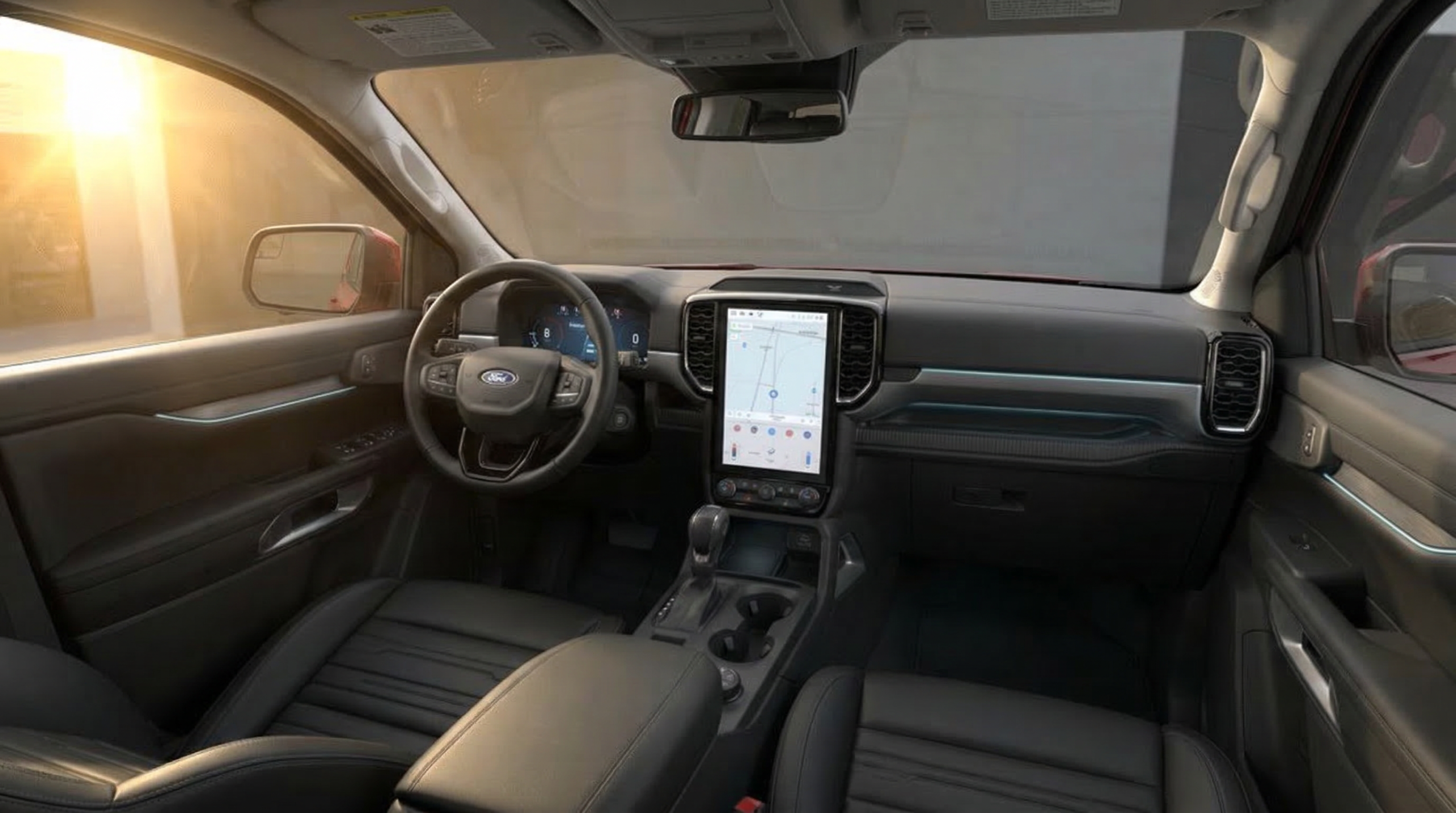 2026 Ford Ranger Lariat interior with 12 inch SYNC touchscreen and digital instrument cluster