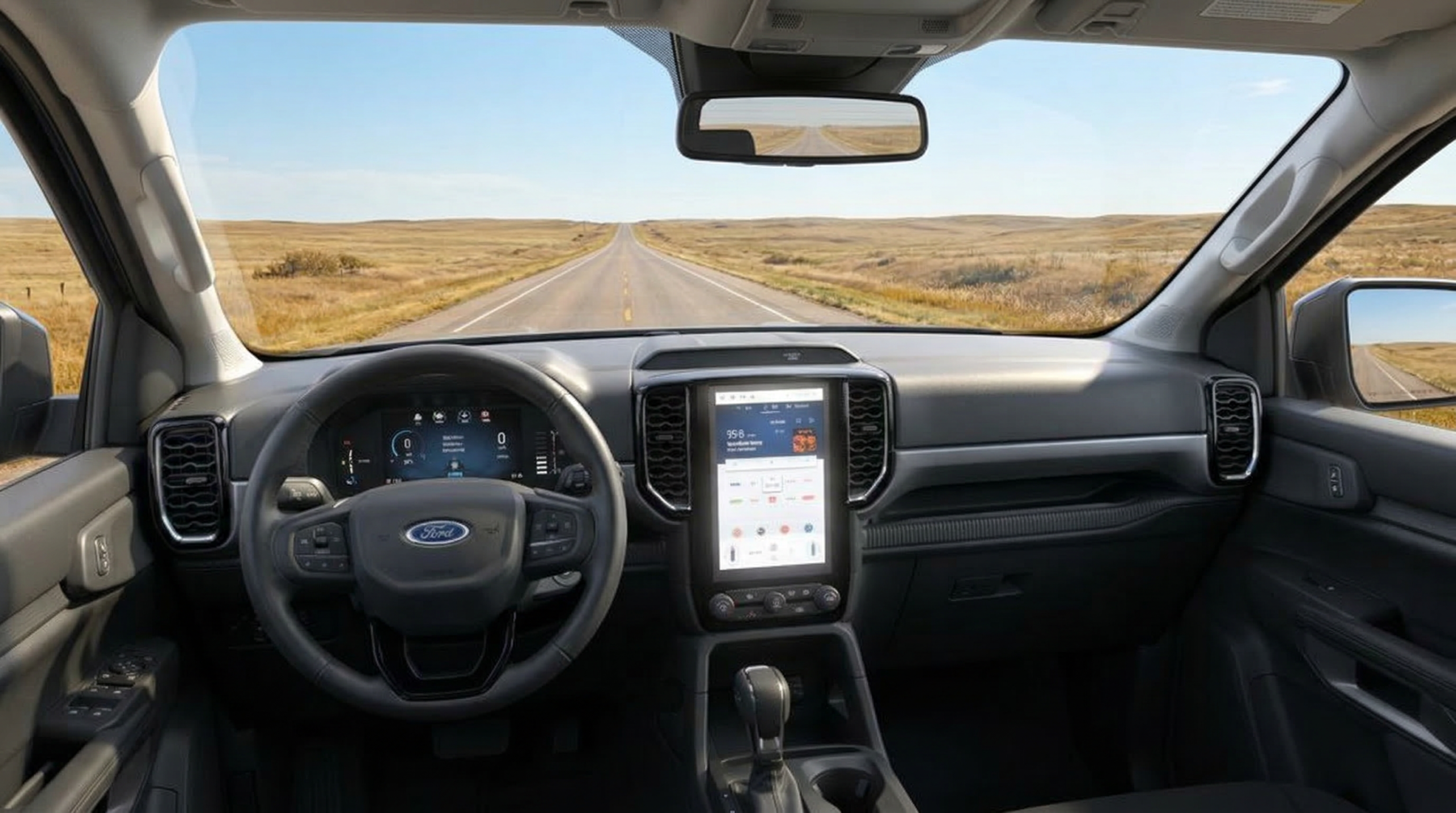 2026 Ford Ranger XLT driver view looking down an open South Dakota highway