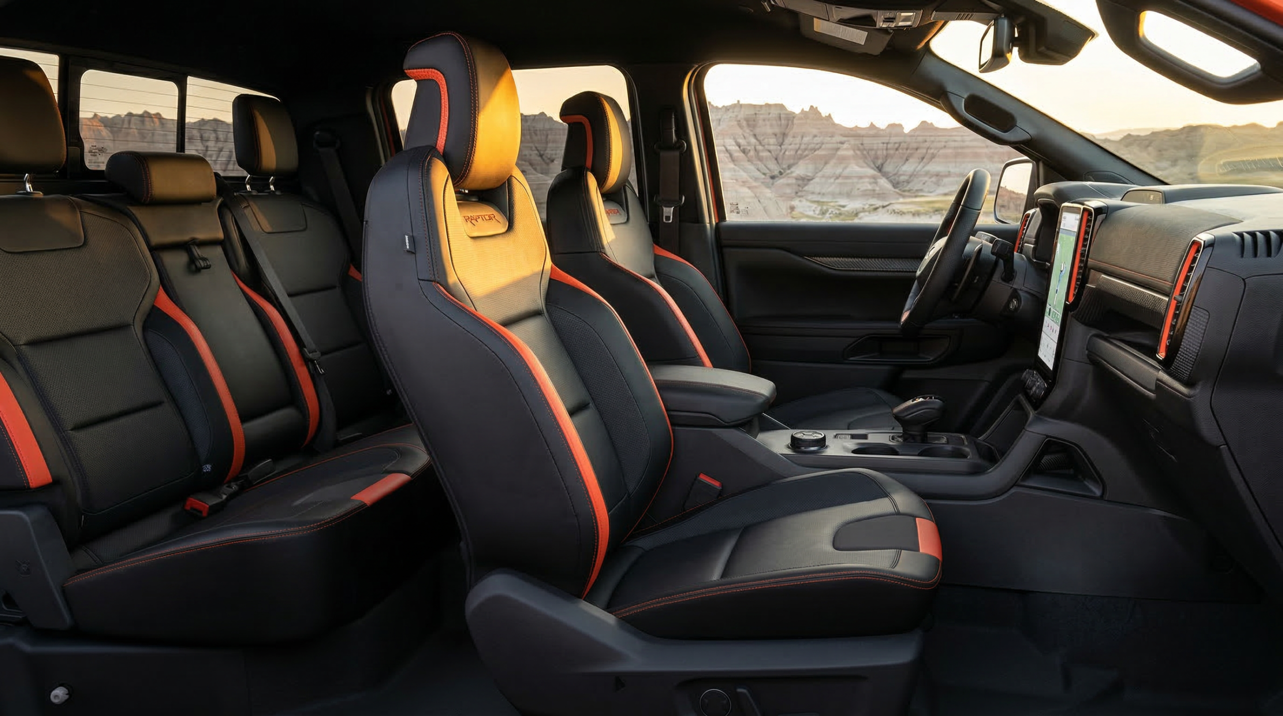 2026 Ford Ranger Raptor interior with performance seats and large center touchscreen