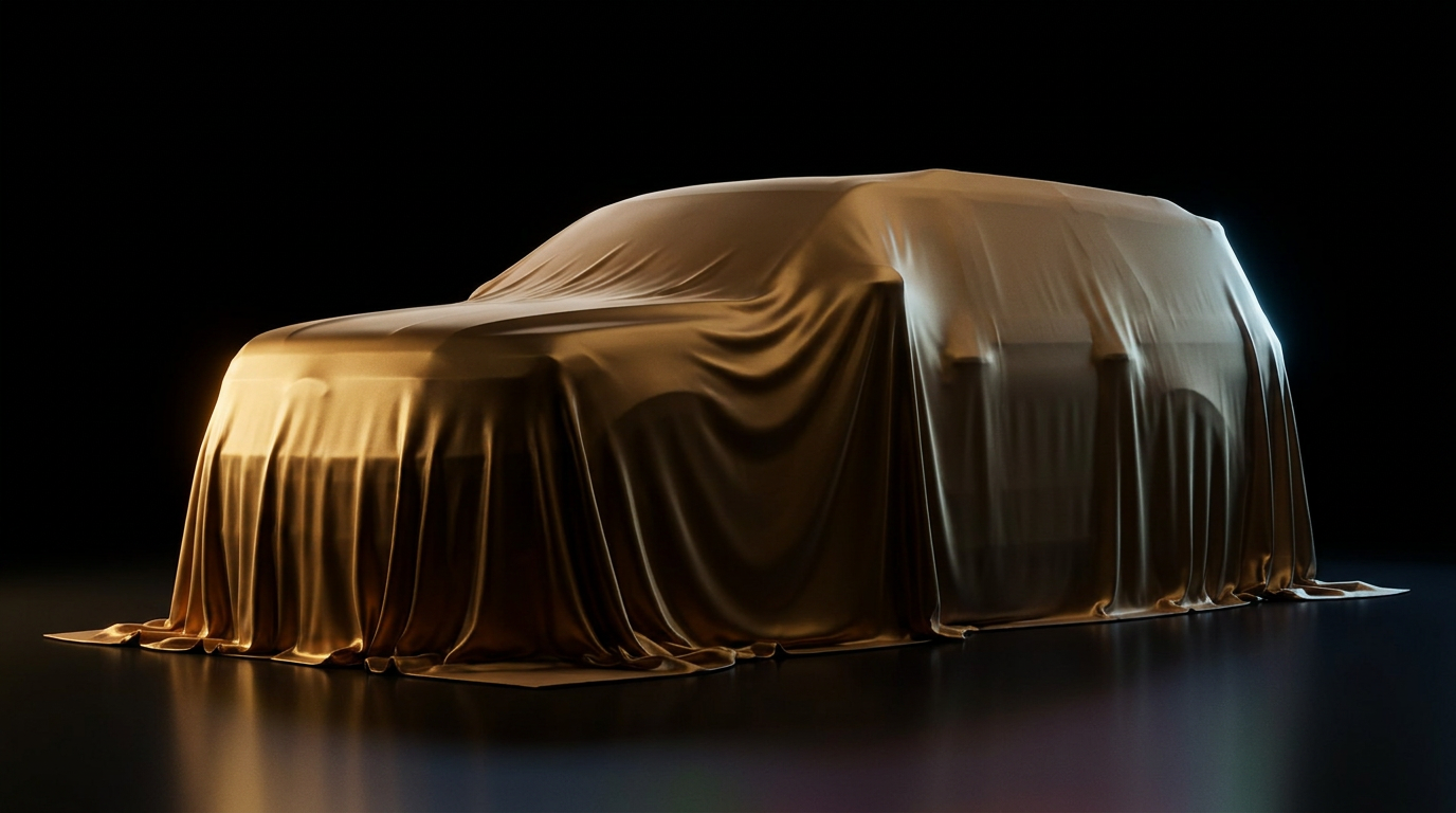 2027 Ford Expedition draped in a gold satin cover against a black studio backdrop — teaser reveal
