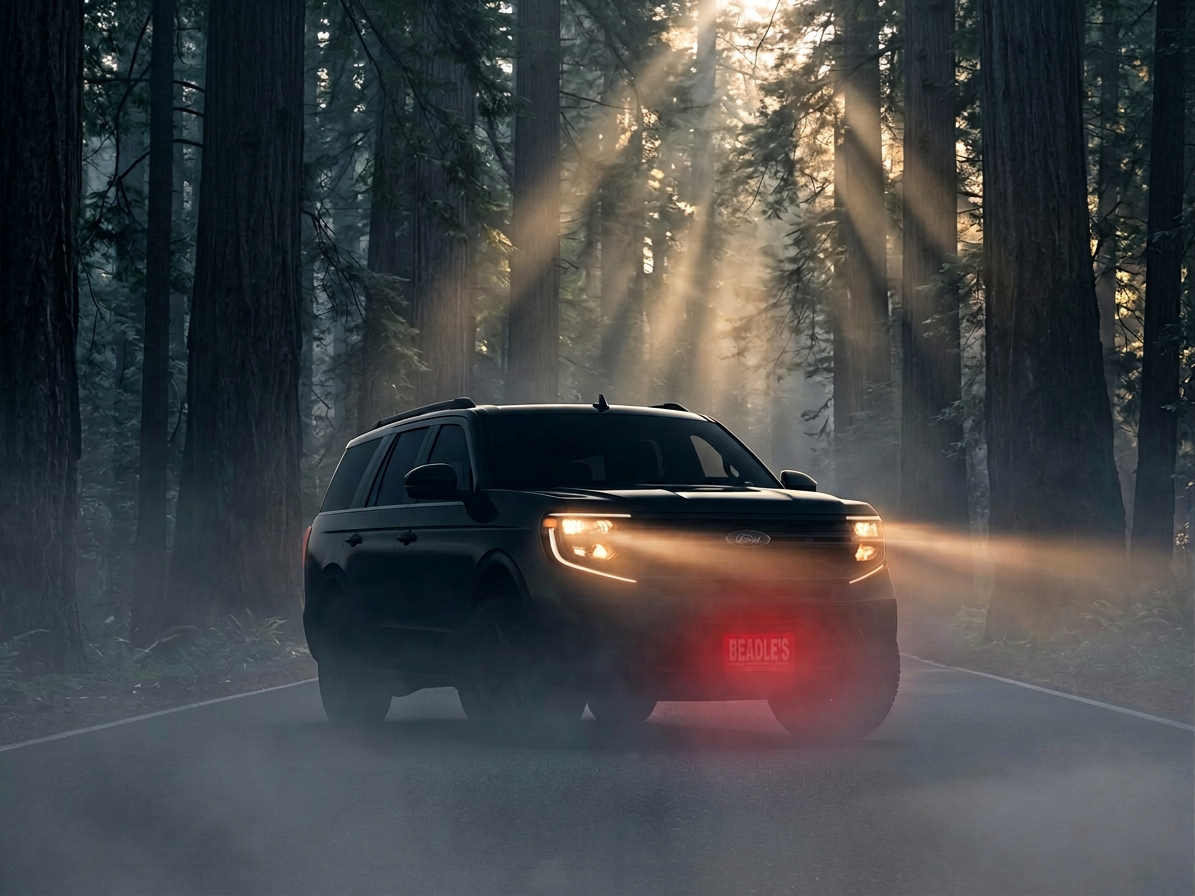 Silhouette of a 2027 Ford Expedition emerging from dawn mist in an old-growth evergreen forest