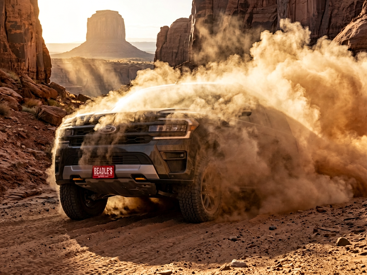 2027 Ford Expedition Tremor kicking up a dust cloud on a red-rock canyon off-road trail