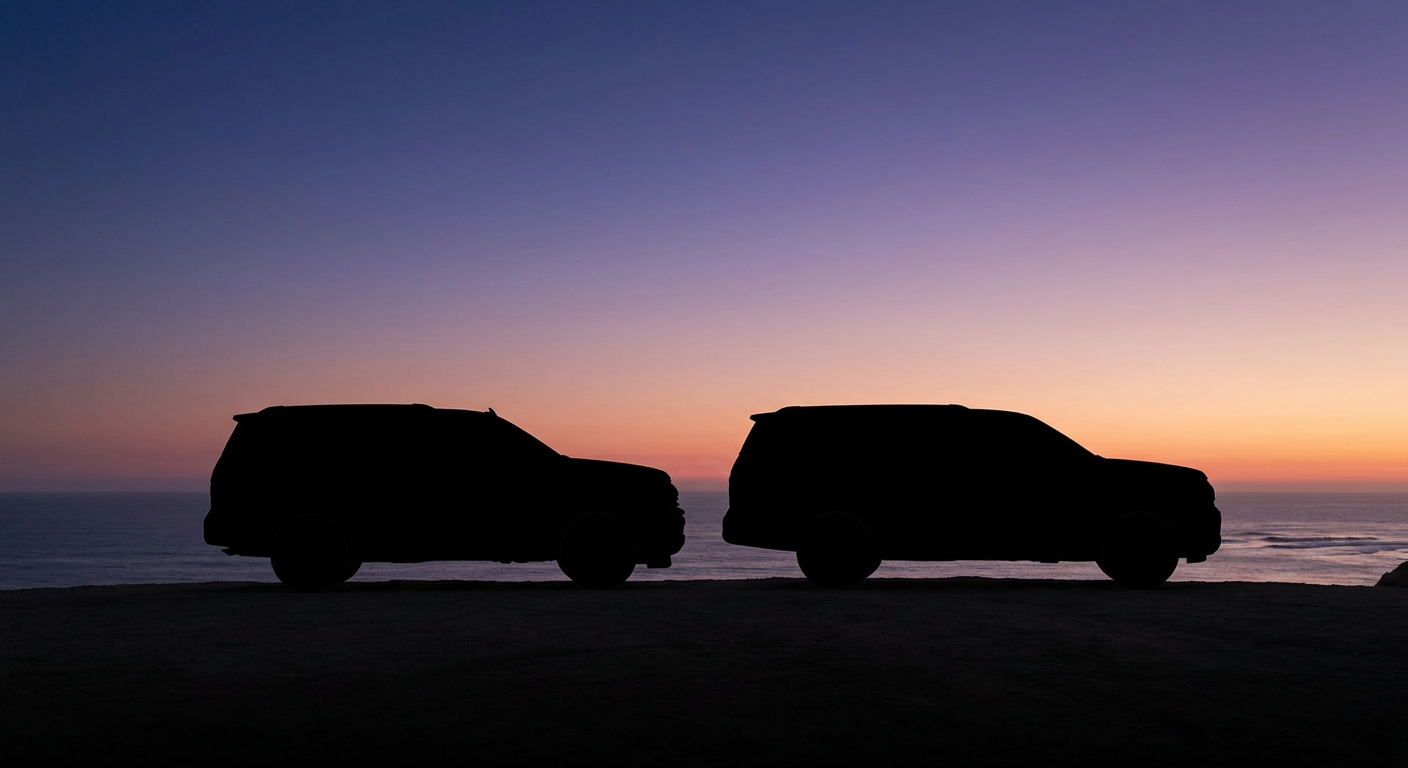 2027 Ford Expedition and Expedition MAX side-profile silhouettes compared at dusk