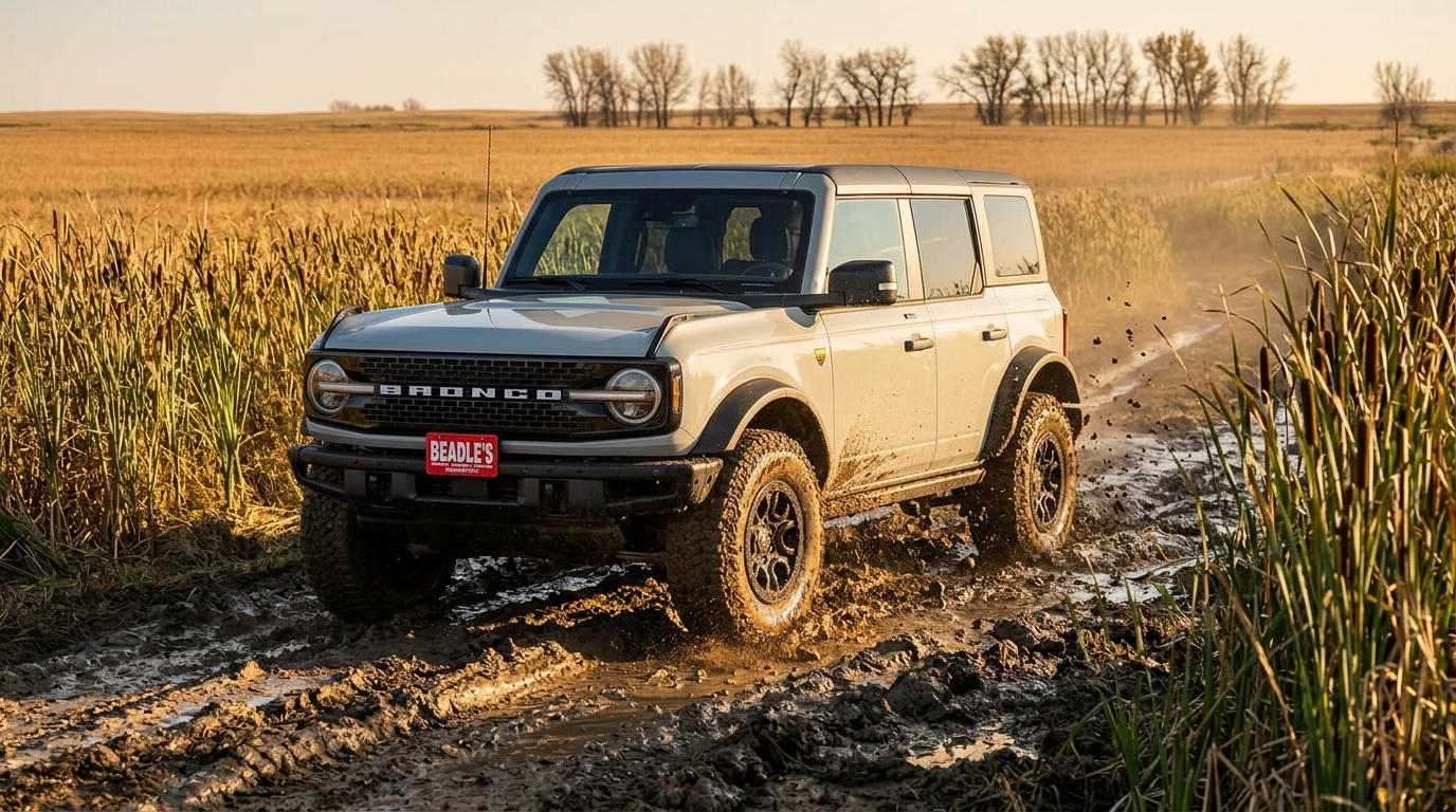 2026 Ford Bronco demonstrating G.O.A.T. Modes terrain management on a muddy CRP access road — Beadle Ford in Bowdle, SD