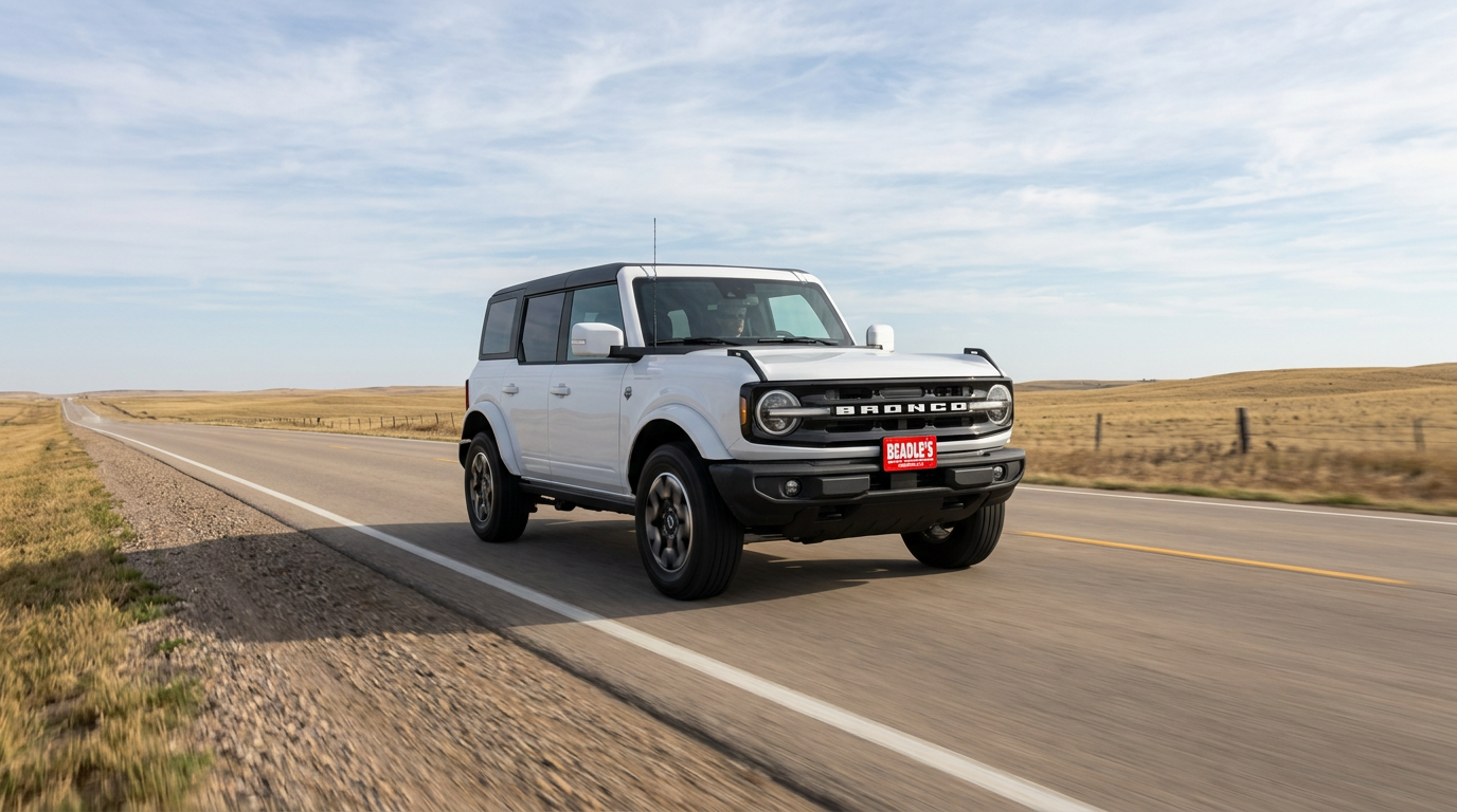 2026 Ford Bronco Outer Banks at highway speed on a two-lane South Dakota state road, prairie horizon stretching to the distance