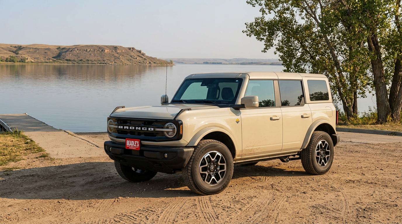 2026 Ford Bronco Outer Banks in Velocity Blue Metallic with body-color painted hardtop parked at a Lake Oahe boat ramp near Mobridge, South Dakota