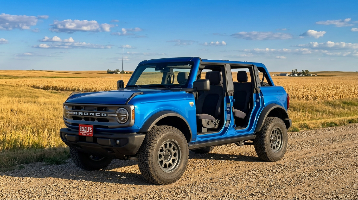 2026 Ford Bronco in doors-off configuration — frameless removable doors and modular hardtop — at Beadle Ford near Bowdle, SD