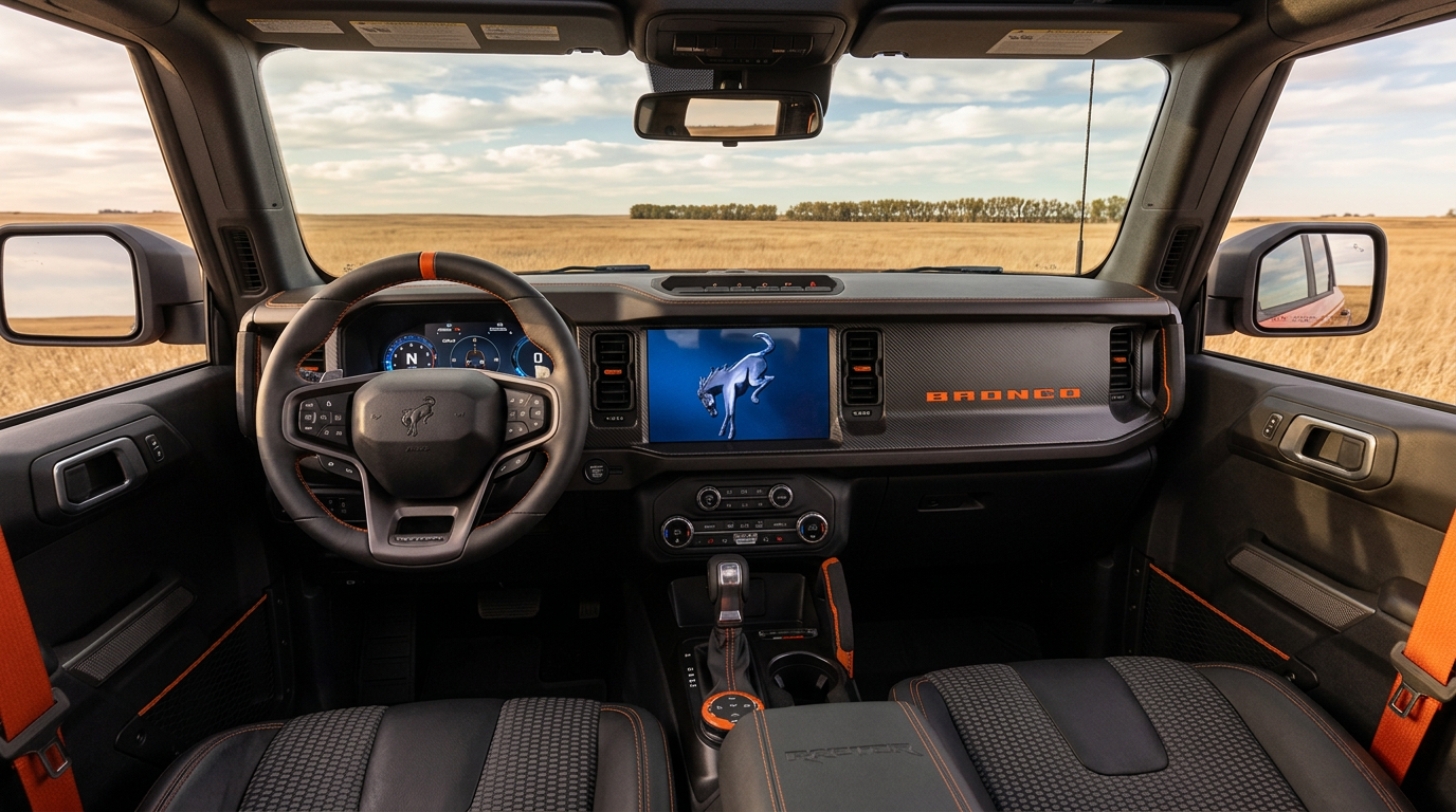 Interior of the 2026 Ford Bronco Raptor with Code Orange Appearance Package — orange-stitched steering wheel, 12-inch SYNC 4 display, and Code Orange seat belts
