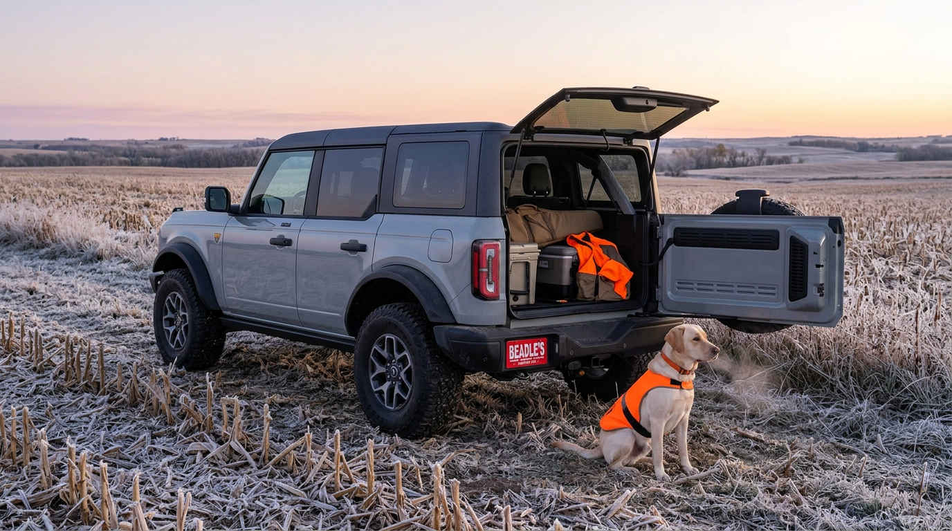 2026 Ford Bronco Badlands at a harvested South Dakota cornfield at dawn during pheasant season, rear swing gate open with a yellow Labrador in a blaze orange vest beside the bumper