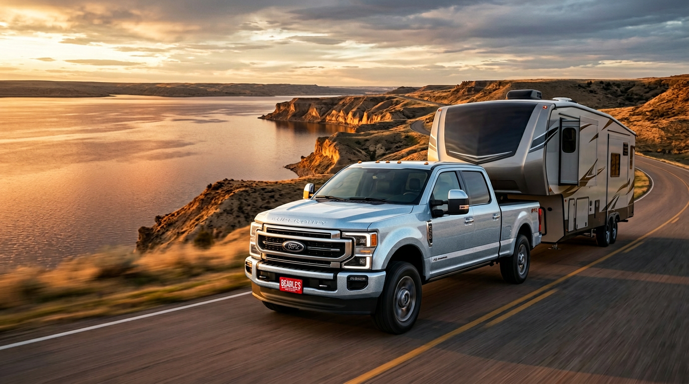 2027 Ford F-250 towing a fifth-wheel camper near Lake Oahe, South Dakota