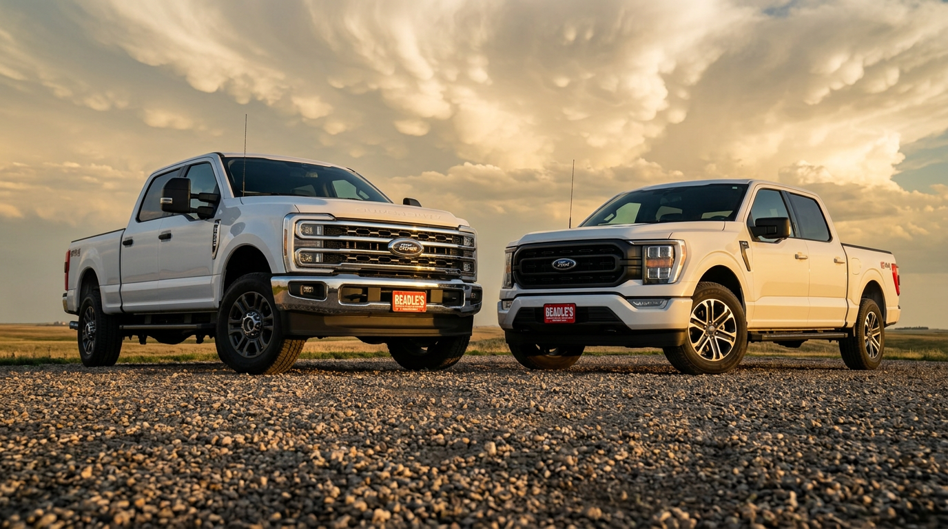 2027 Ford F-250 beside a 2027 Ford F-150 on a South Dakota lot