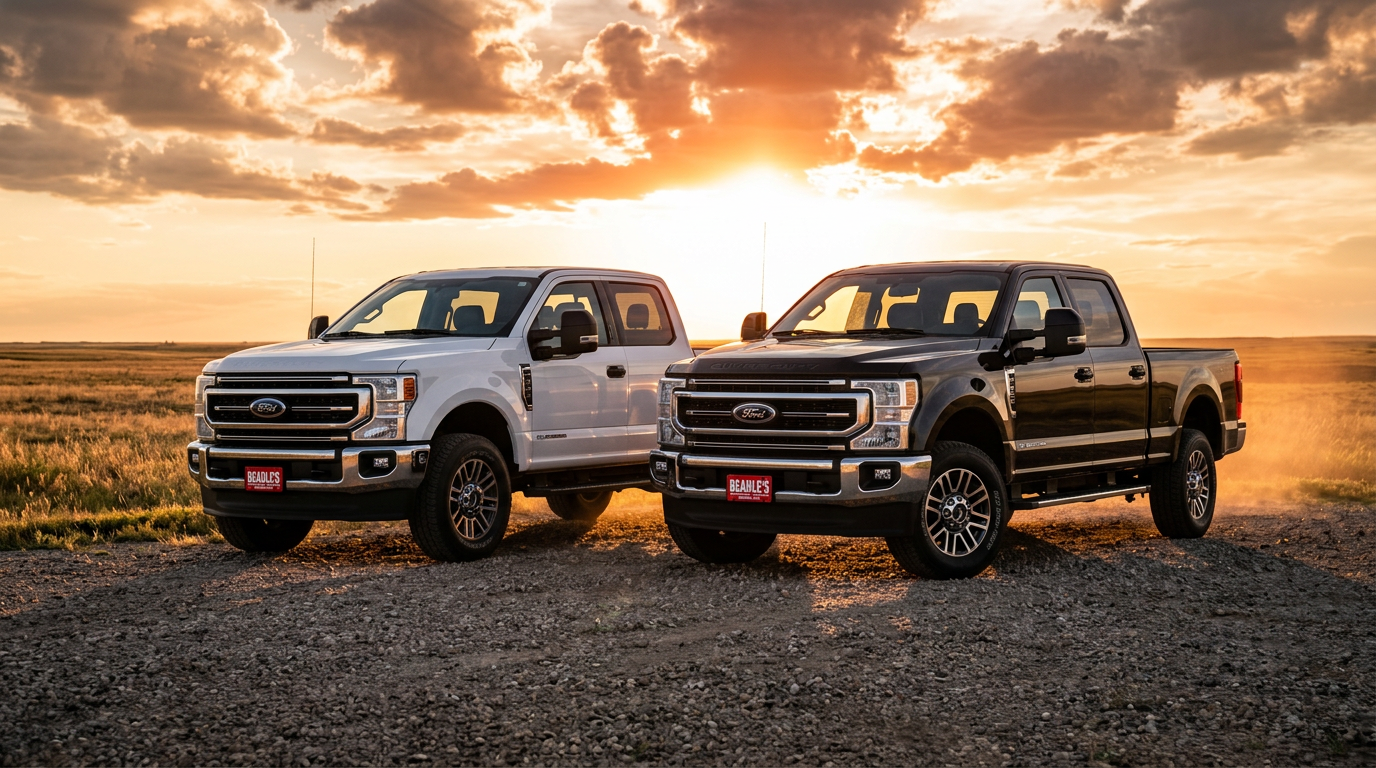 2027 Ford F-250 beside a 2026 Ford F-250 on the Beadle Ford lot