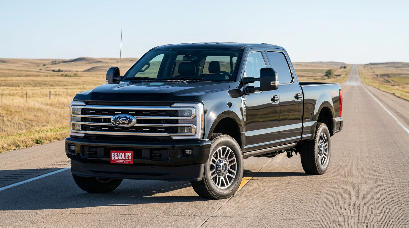2027 Ford F-250 Lariat in Agate Black on an open South Dakota highway