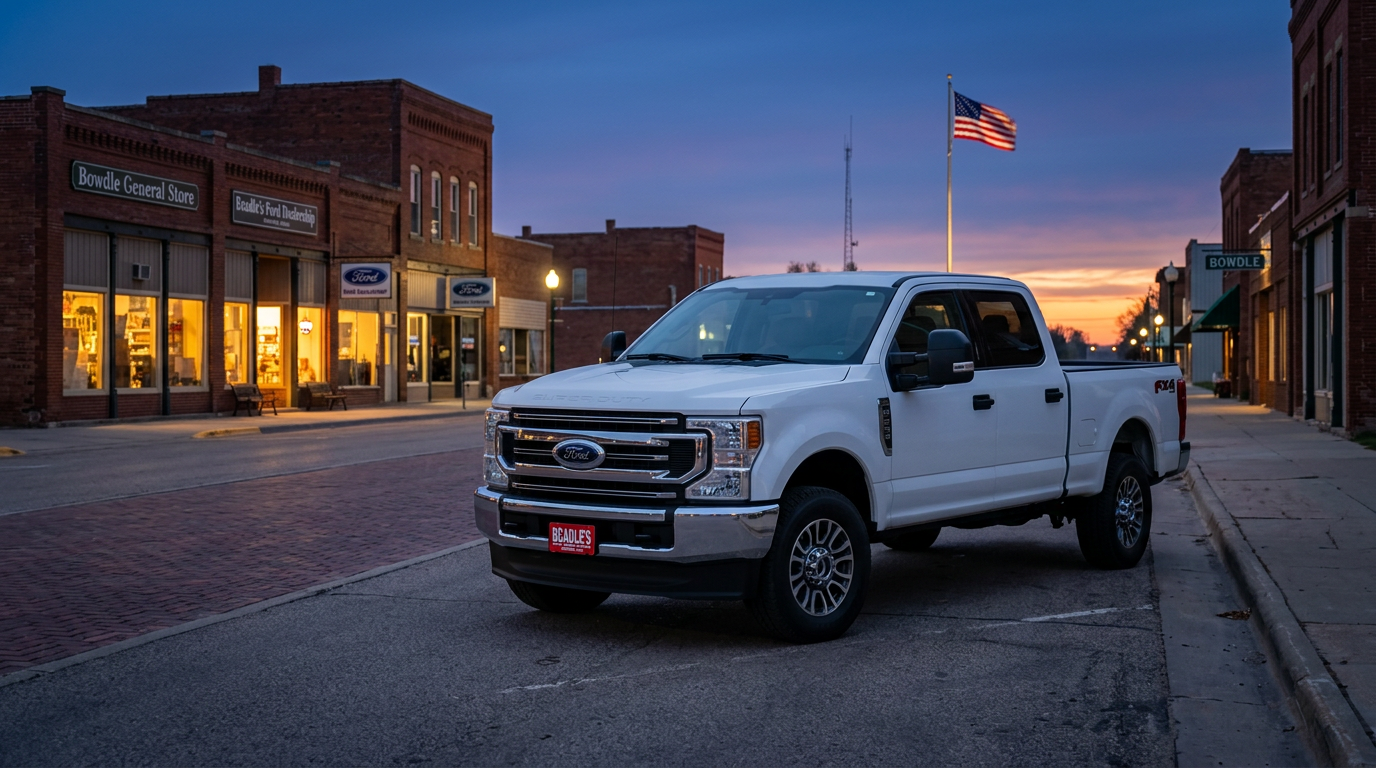 2027 Ford F-250 XLT in Oxford White on a Bowdle, South Dakota main street