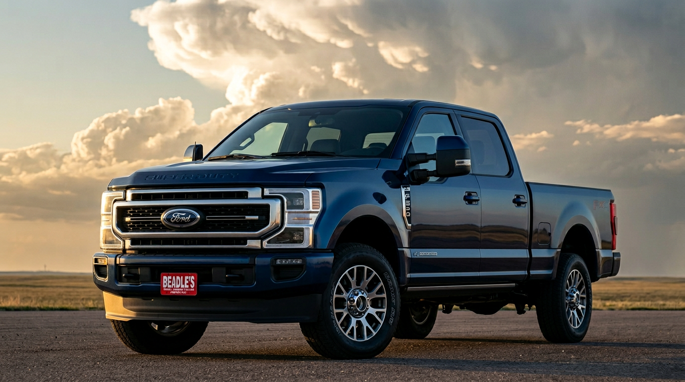 2027 Ford F-250 Lariat in the new Neptune Blue on the South Dakota prairie