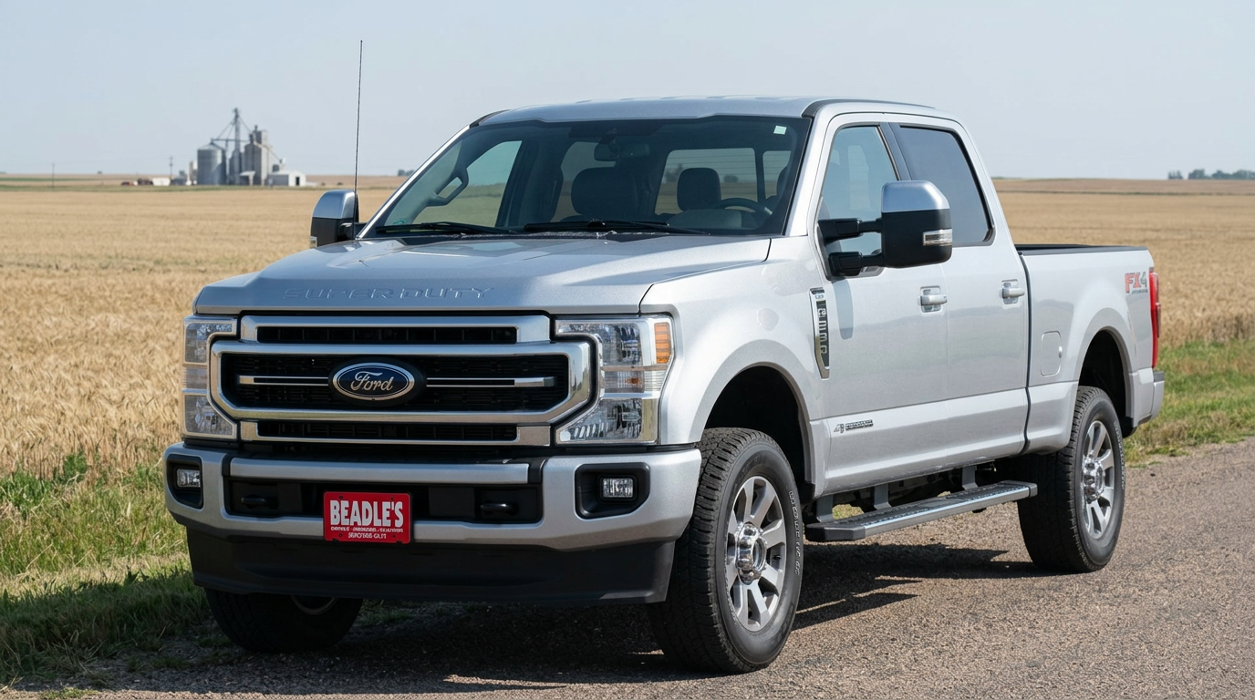 2027 Ford F-250 XLT in Iconic Silver Metallic at a South Dakota grain elevator
