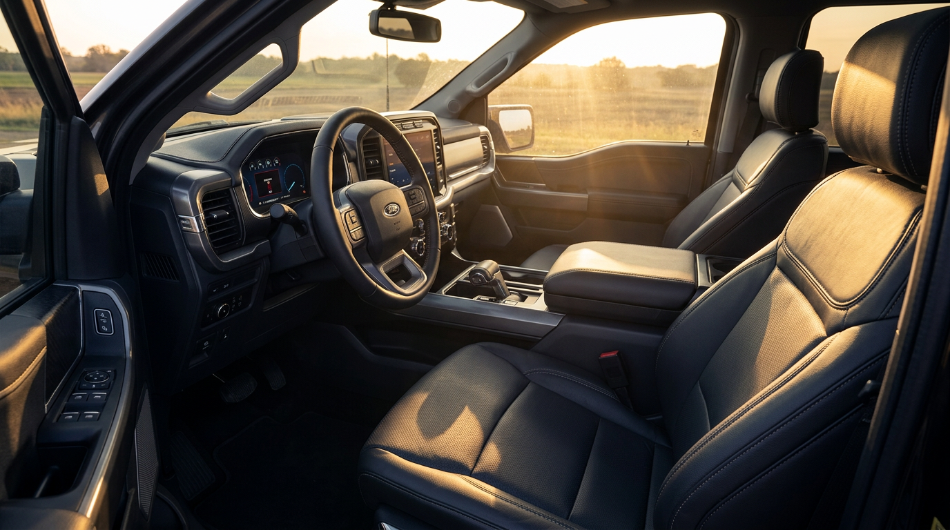 2027 Ford F-250 Lariat interior with the 12-inch SYNC 4 touchscreen