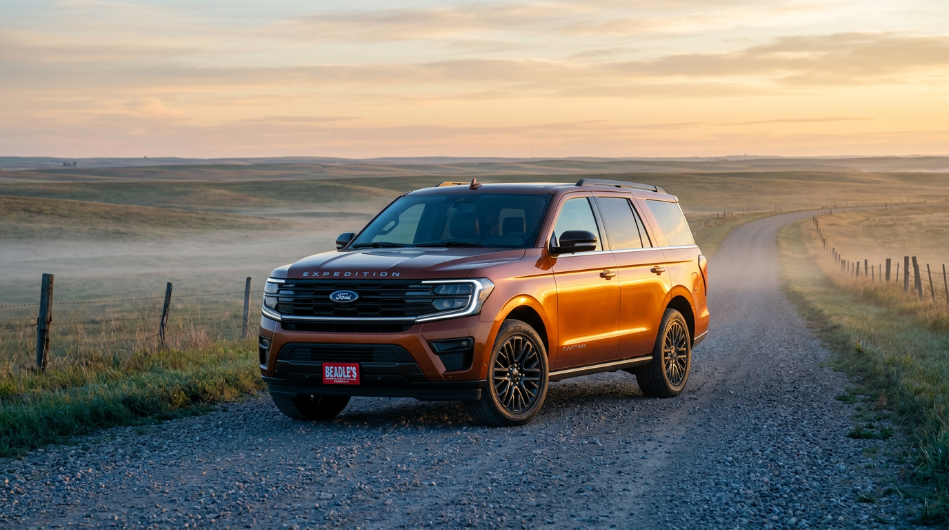 2027 Ford Expedition in new Bronze Fire Metallic Tri-coat on a prairie gravel road at sunrise