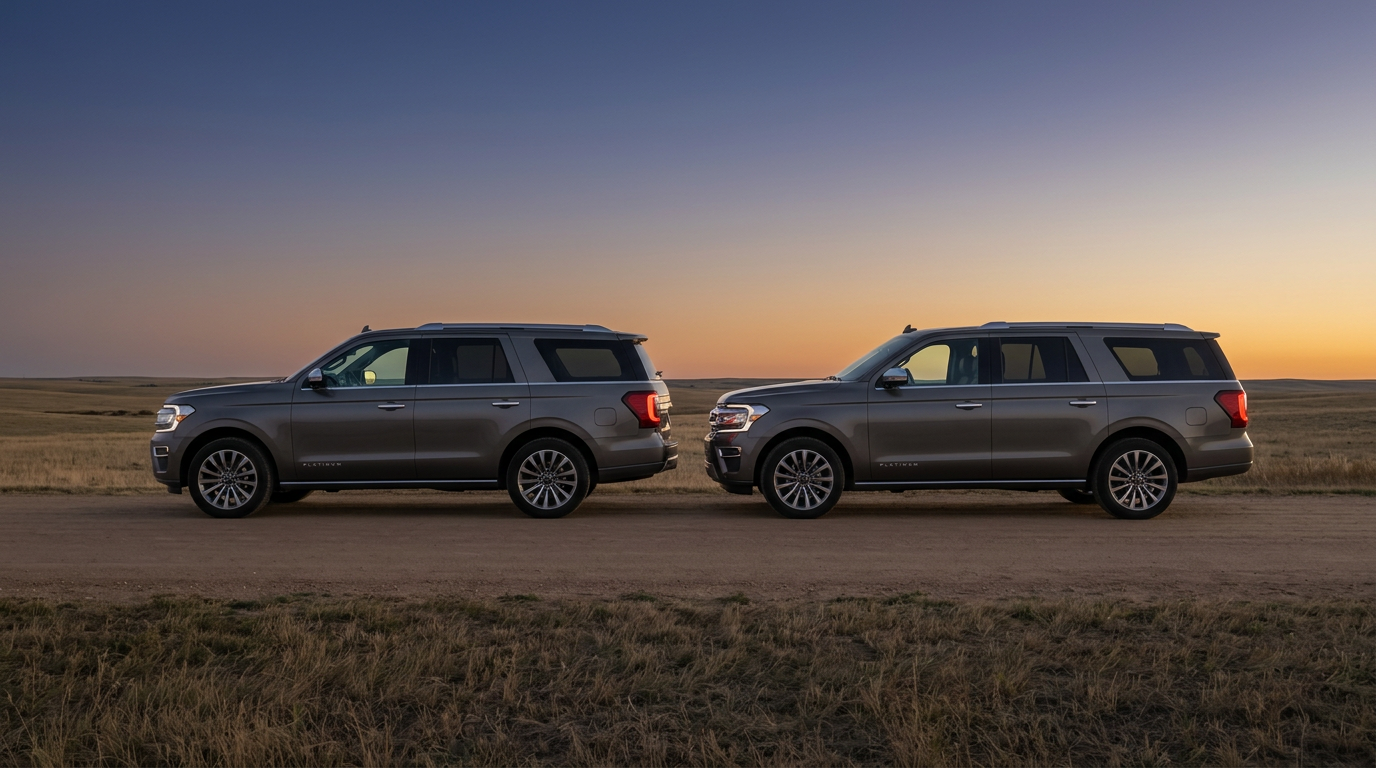 2027 Ford Expedition and Expedition MAX side by side at dusk showing the length difference
