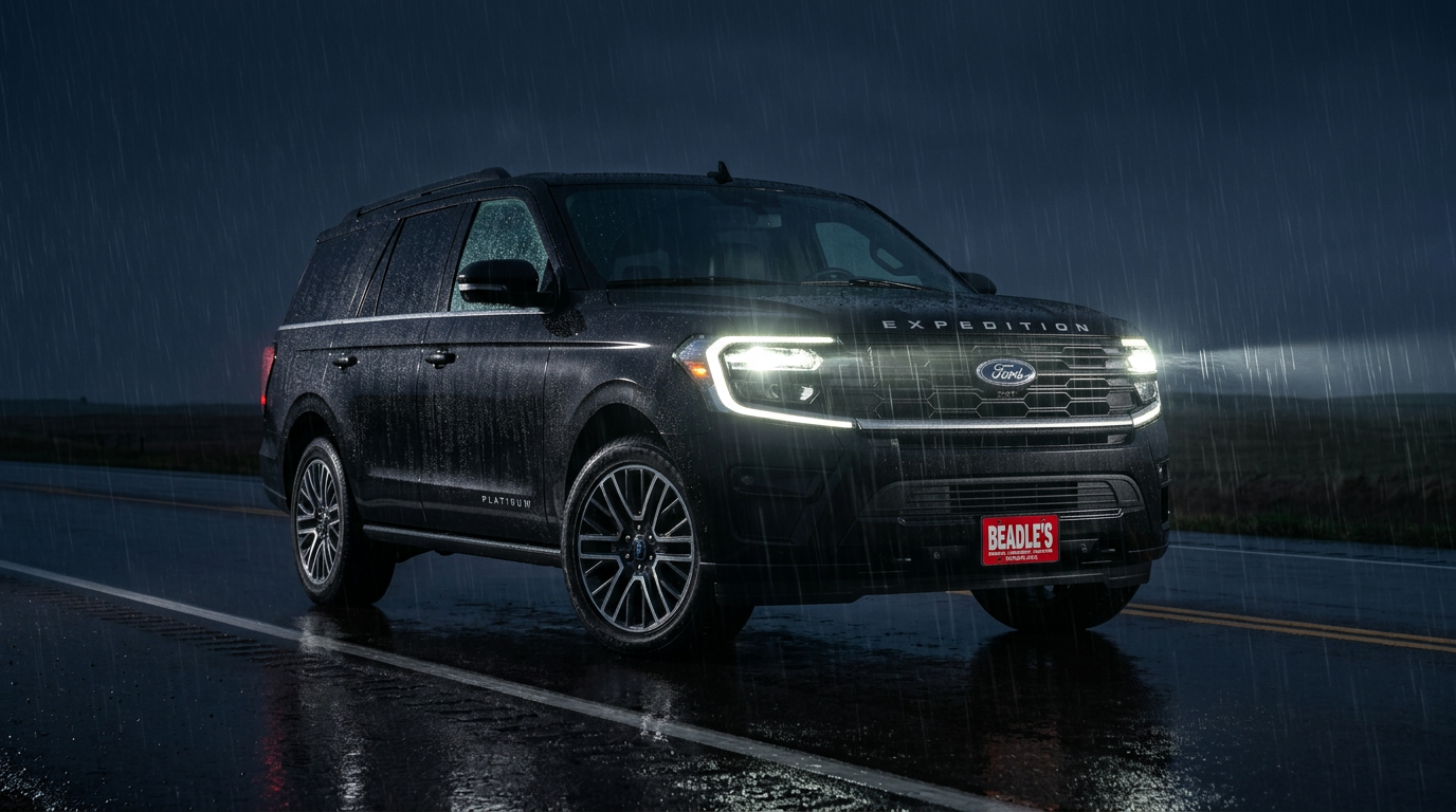 2027 Ford Expedition Platinum in Agate Black cutting through night rain with signature lighting