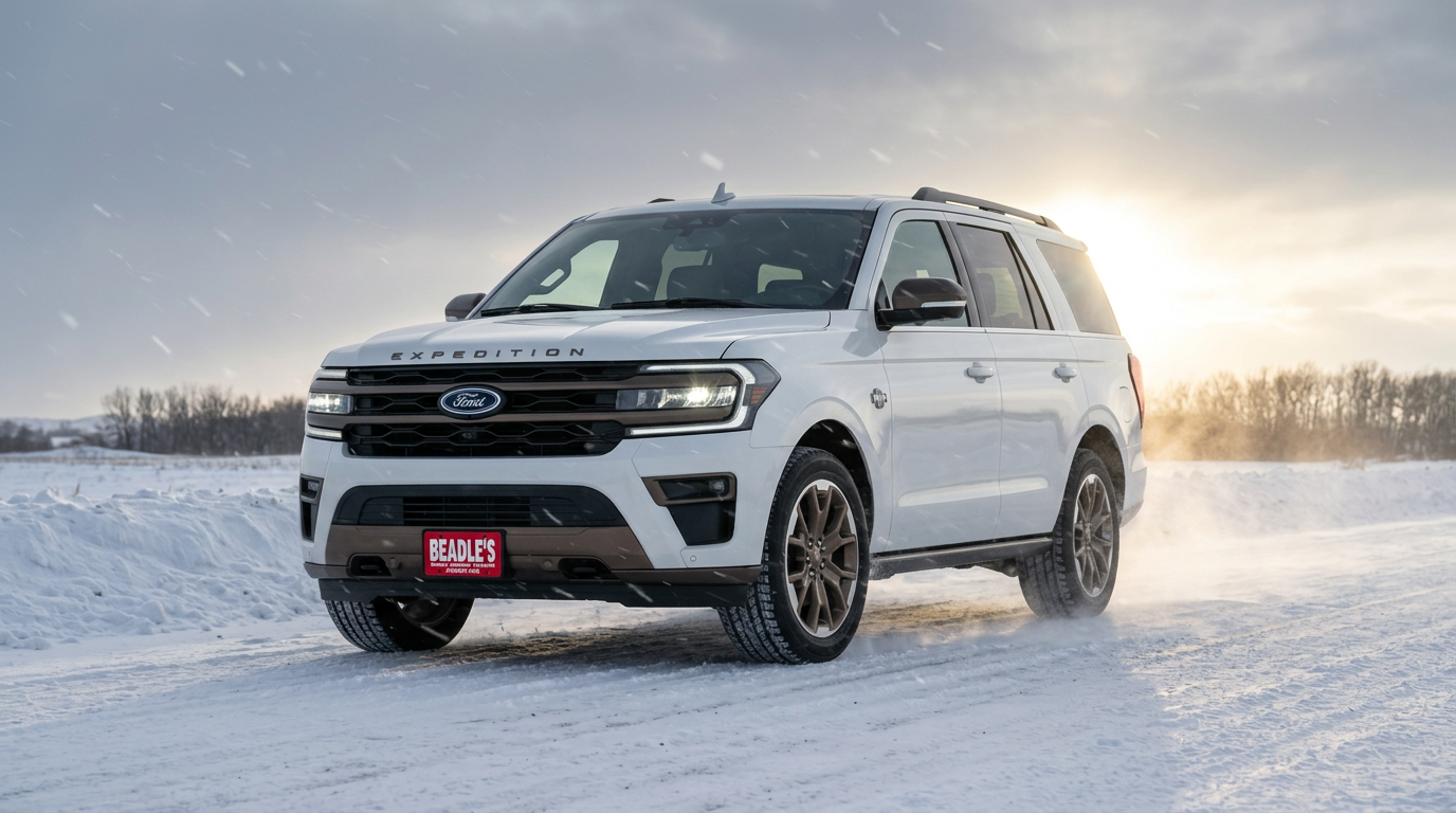 2027 Ford Expedition in Star White Metallic on a snowy South Dakota highway
