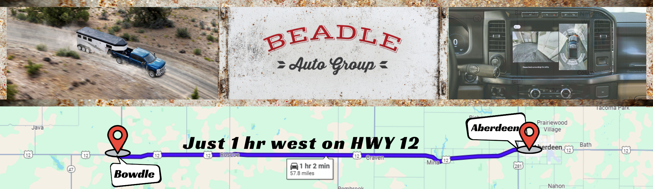 Banner showing the directions from Aberdeen to Beadle Ford in Bowdle with imagery of new ford super duties, f250s and f350s for sale.