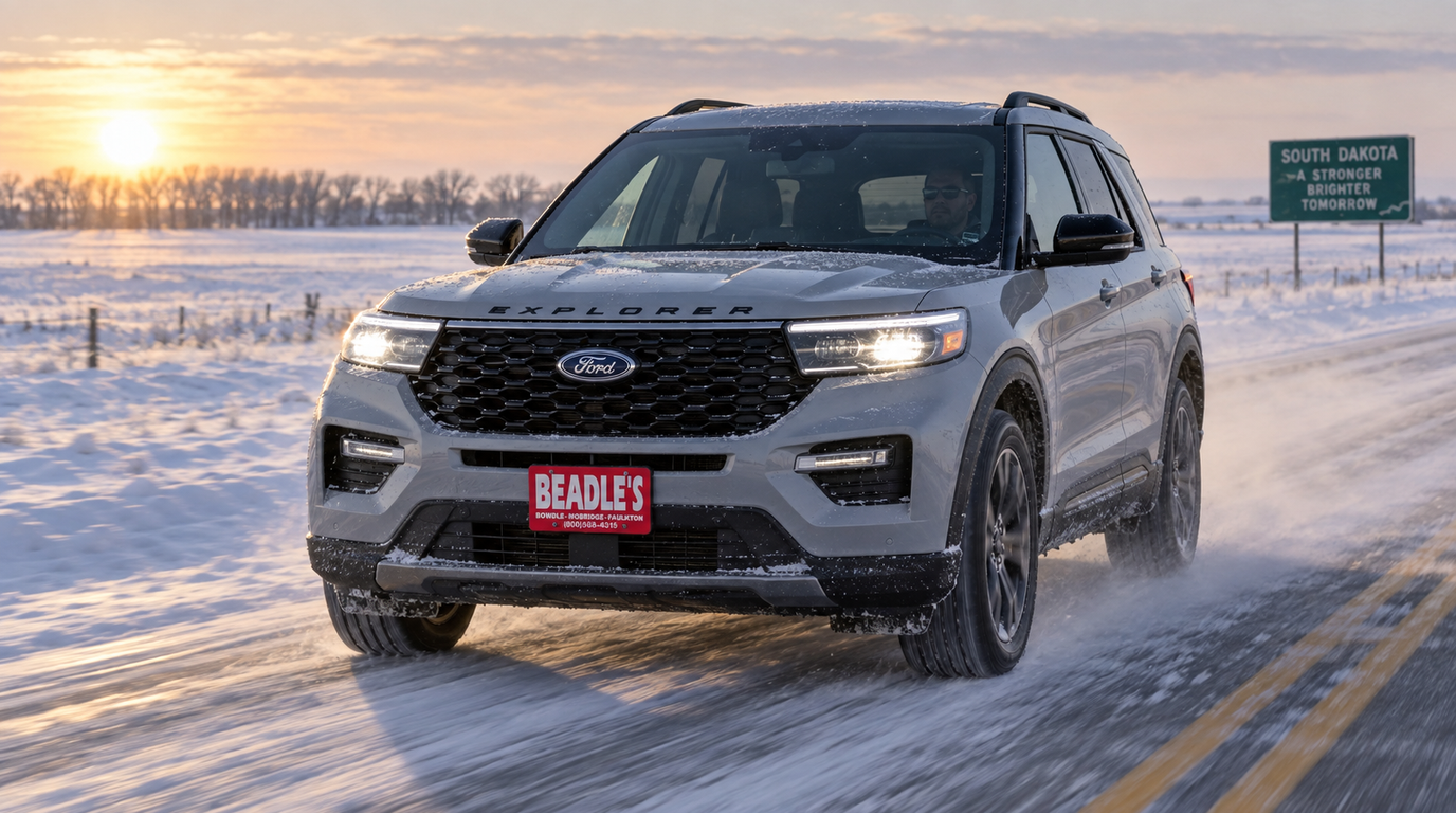 2027 Ford Explorer 4WD on a snowy South Dakota highway in January, winter-ready at Beadle Ford in Bowdle
