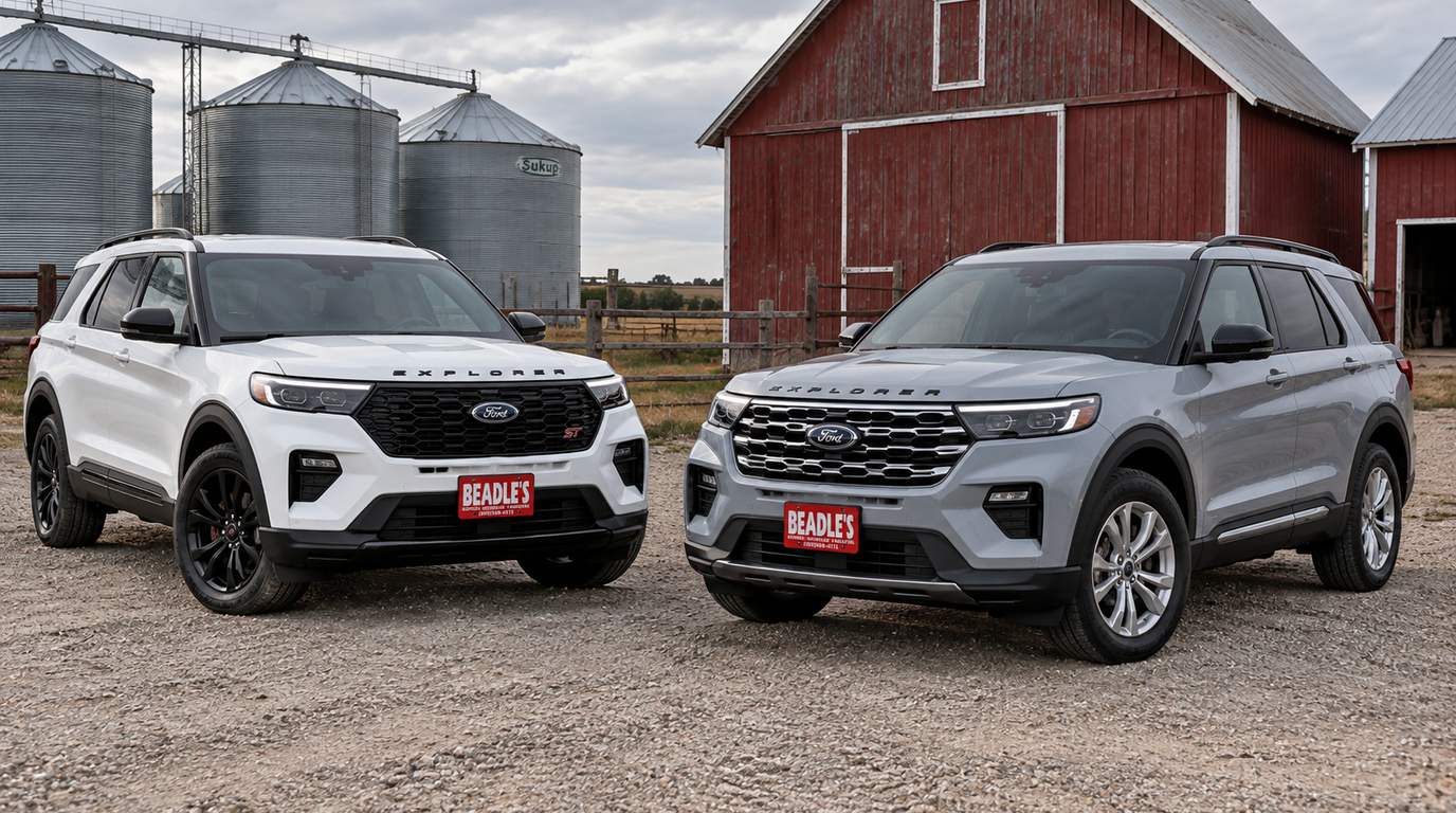 2026 and 2027 Ford Explorer side by side on a South Dakota farmyard, both on the lot at Beadle Ford in Bowdle