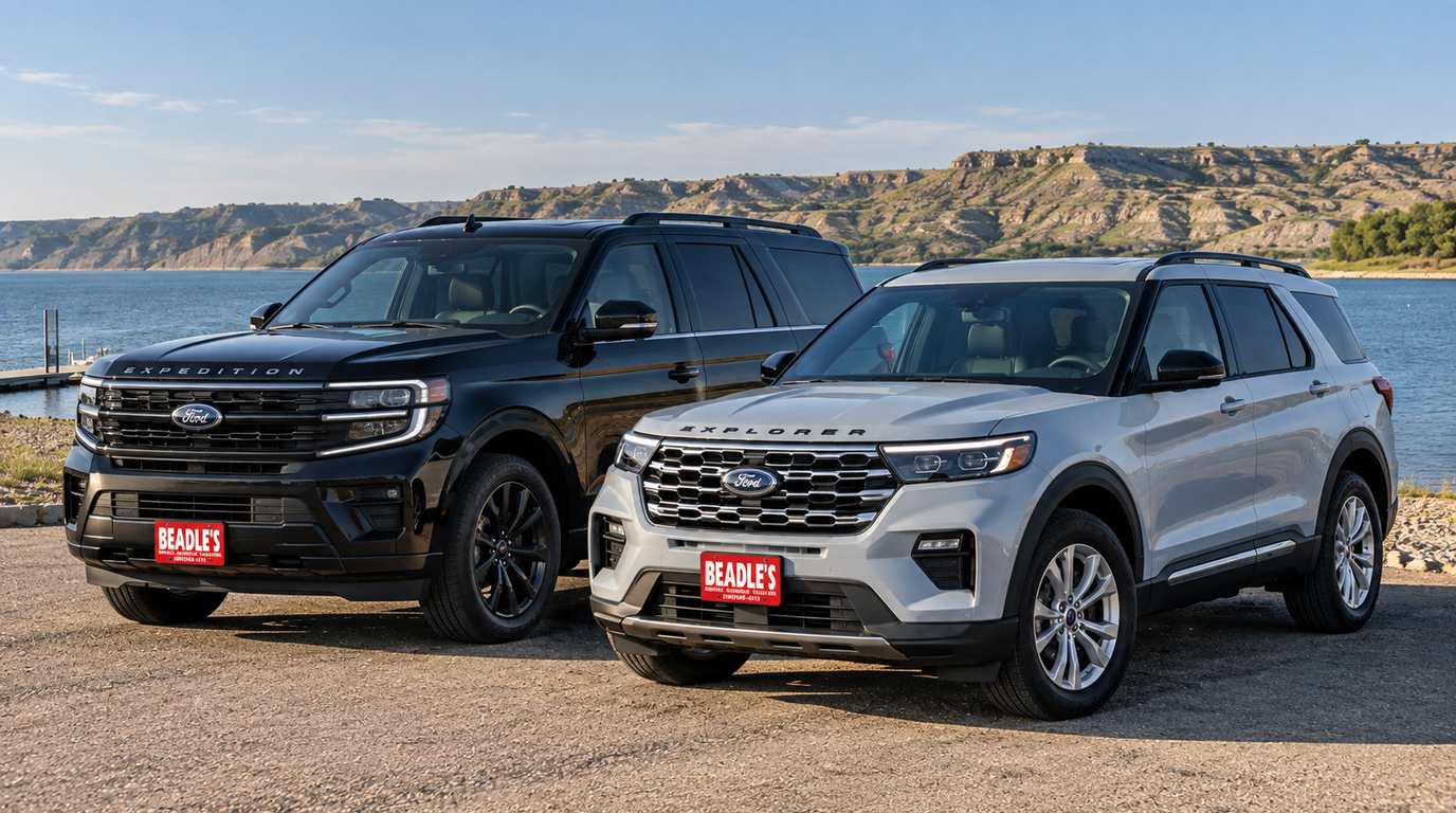 2027 Ford Explorer next to a 2027 Ford Expedition at Lake Oahe, comparing Ford three-row SUVs at Beadle Ford
