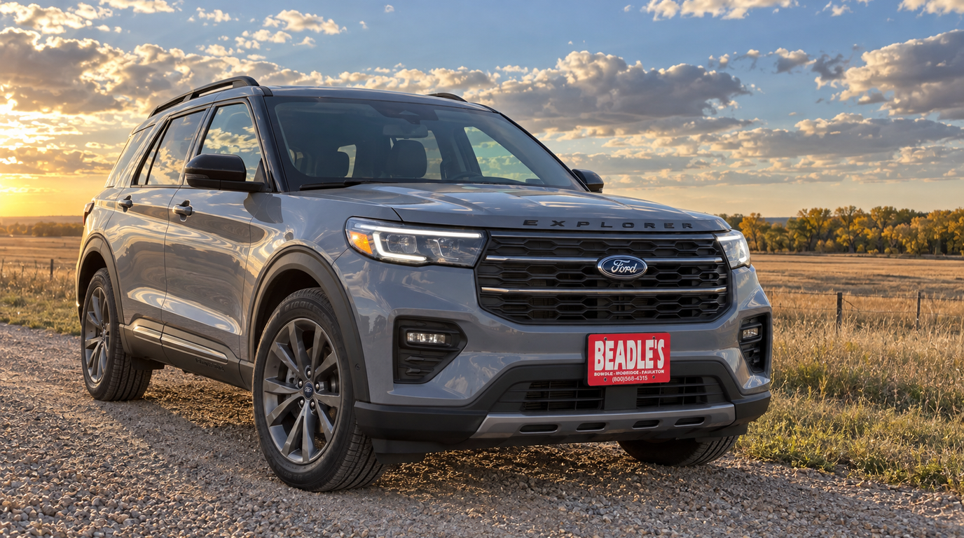 2027 Ford Explorer Active in Avalanche Gray on a South Dakota gravel road at Beadle Ford in Bowdle