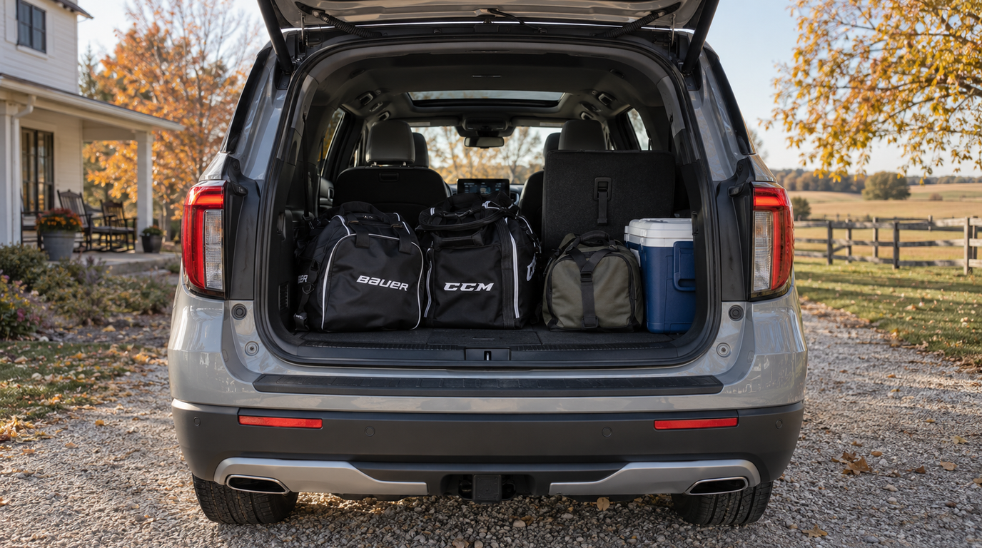 2027 Ford Explorer cargo area with the third row folded and hockey bags loaded, family room at Beadle Ford Bowdle SD